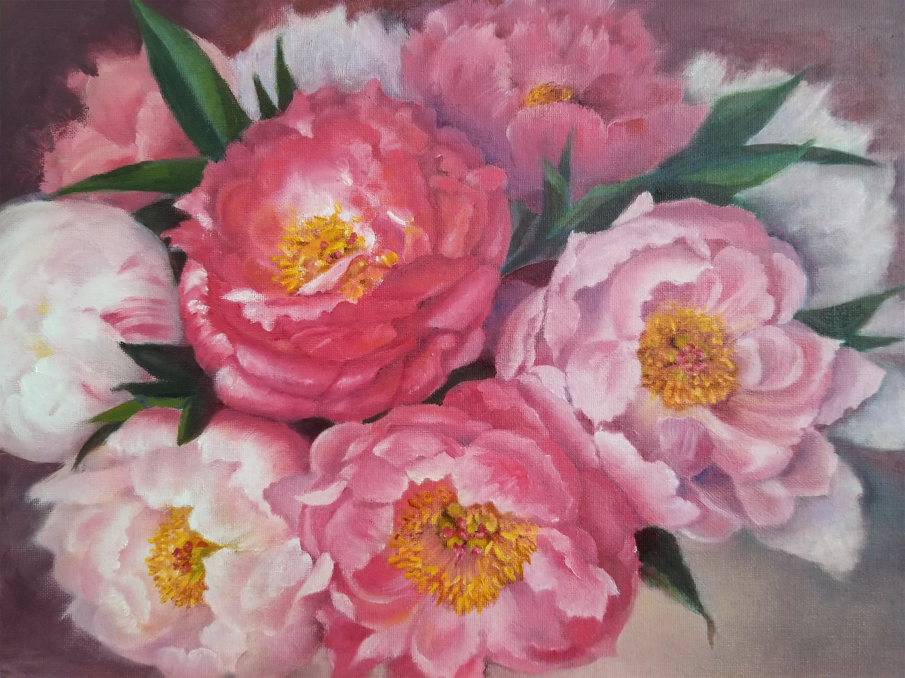 Original painting of lush peonies in pink and coral tones