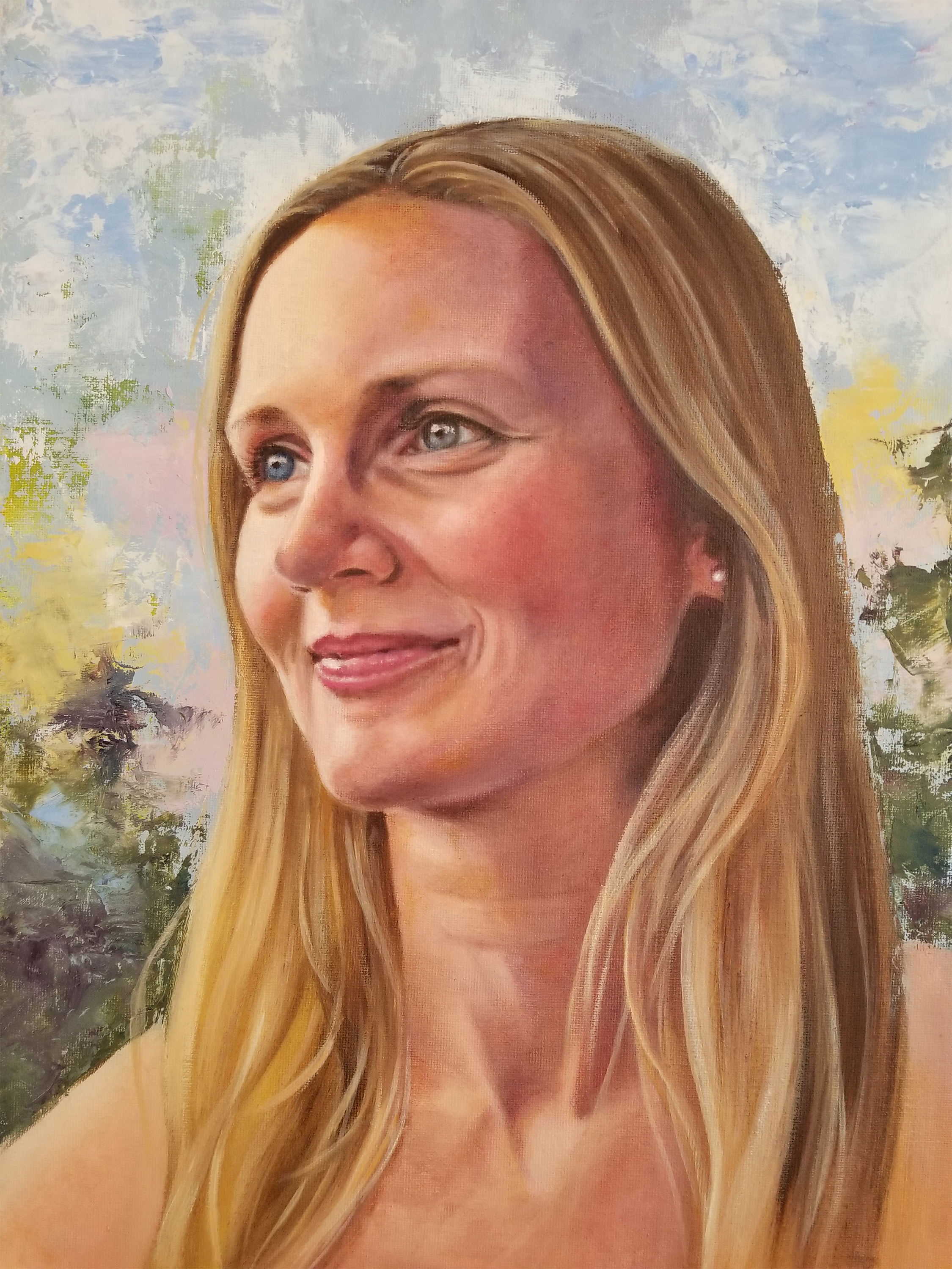 Commissioned portrait painting of a woman in soft natural light